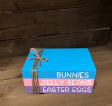 Load image into Gallery viewer, Easter Decor, Wood Book Stack, Faux Book Stack, Rustic Easter Decor, Hand Stamped Books, Farmhouse Decor, Tiered Tray Decoration