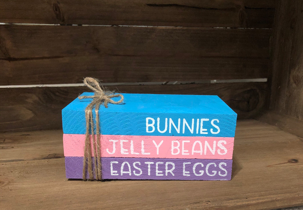 Easter Decor, Wood Book Stack, Faux Book Stack, Rustic Easter Decor, Hand Stamped Books, Farmhouse Decor, Tiered Tray Decoration